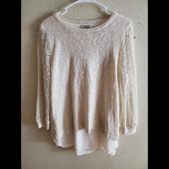 Lucky Brand Ivory Lace Chiffon Split Back Sweater - Picture 2 of 5